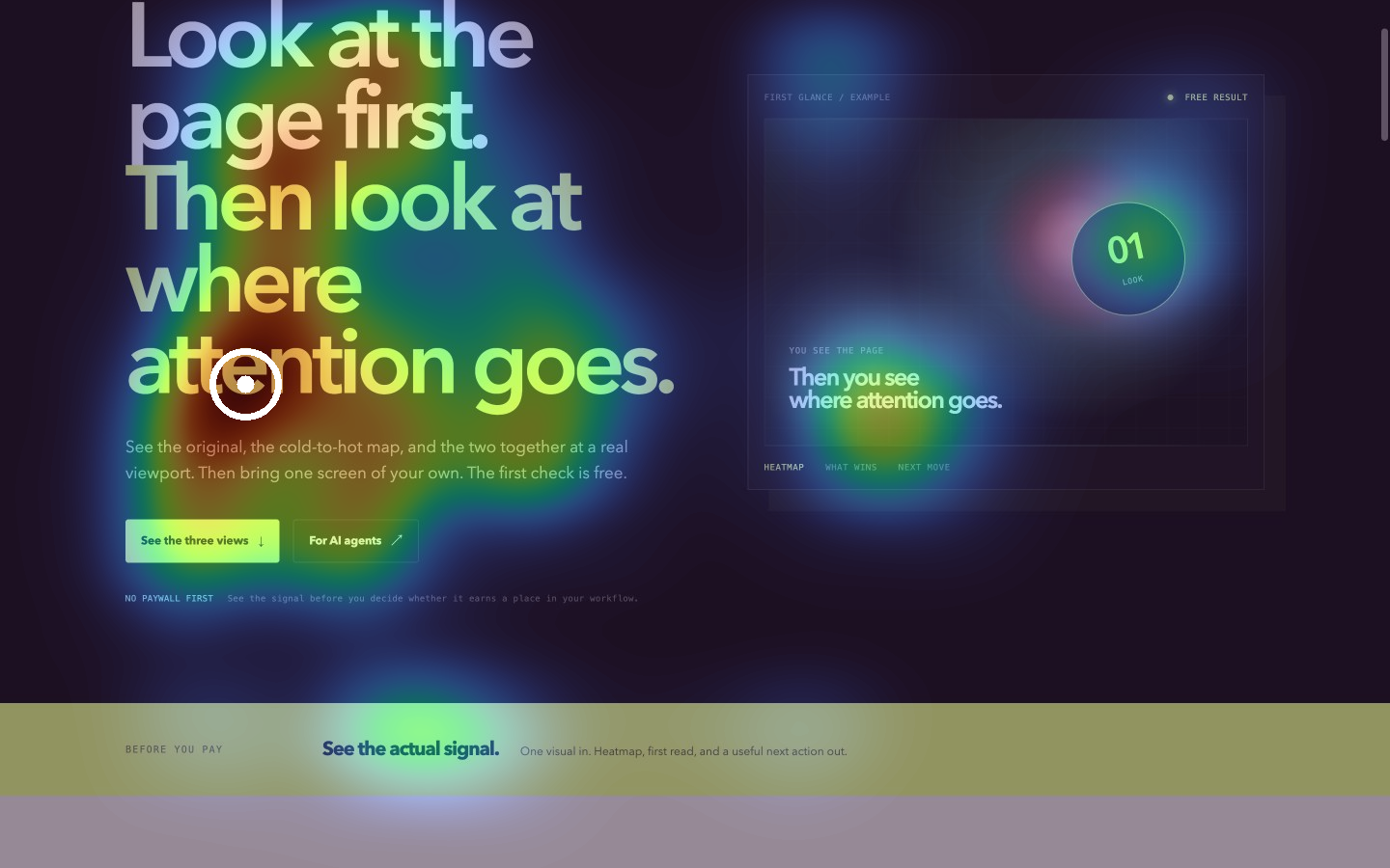 AttentionProof landing page combined with its predicted attention heatmap at 1440 × 900