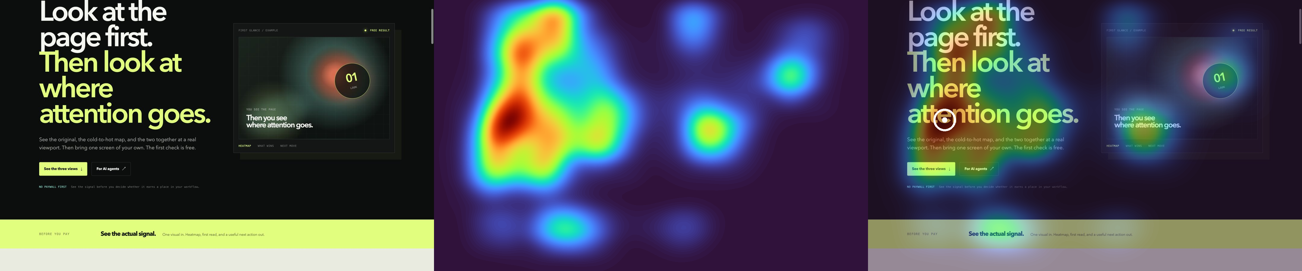The same landing page shown as the original, heatmap, and combined overlay